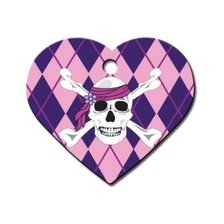 Pink Argyle Skull And Crossbones Large Heart ID Tag Pink Argyle Skull And Crossbones Large Heart ID Tag